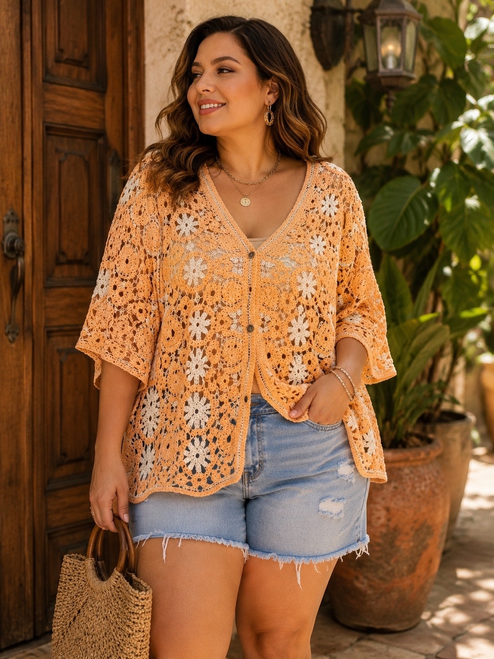 POL Crochet Open-Knit Top in Peach and White - OS